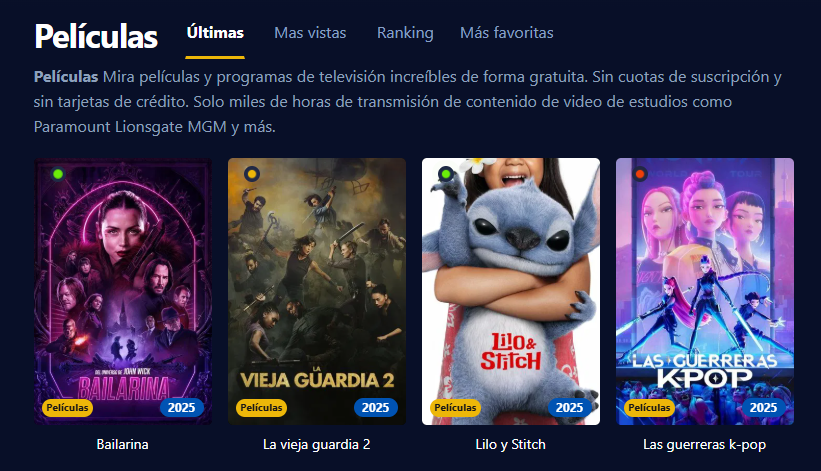 Captura de pantalla de la interfaz de usuario de Cuevana3, mostrando una variedad de pel&iacute;culas y series populares.
